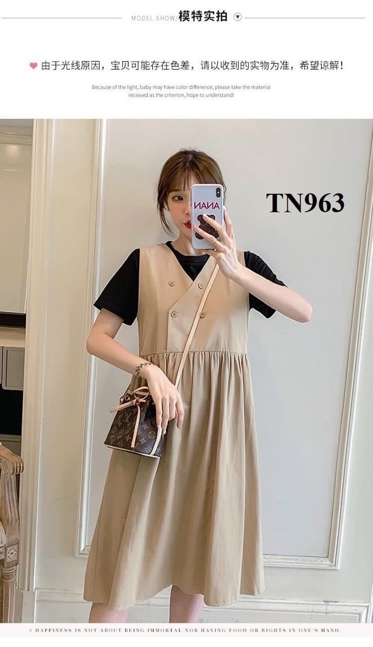 Đầm Bầu - Váy Bầu - Yếm Bầu Rời Tặng Kèm Áo Thun , chất Lụa Mát ( kèm ảnh thật) - Bầu Shop