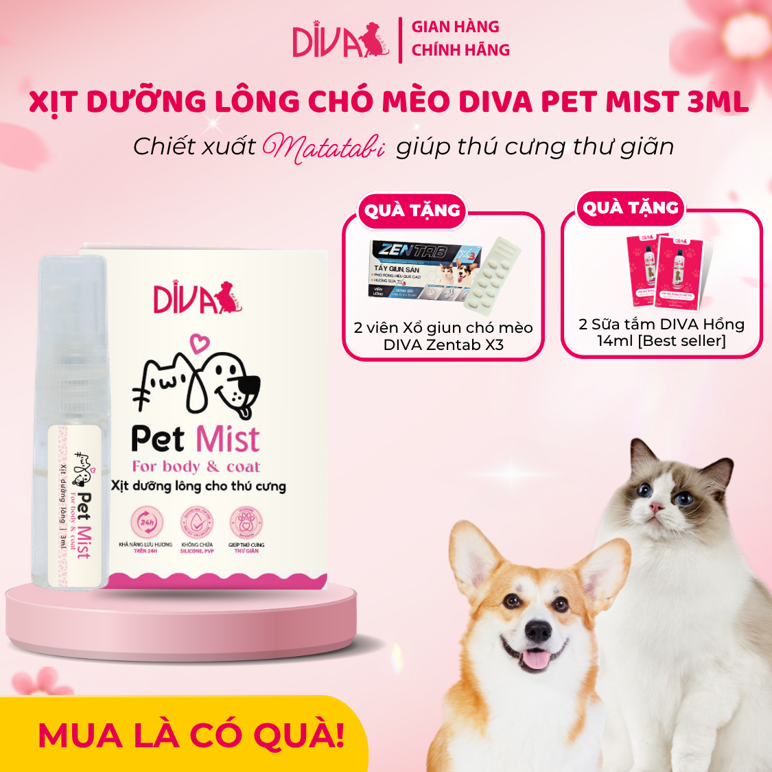 [SẢN PHẨM MỚI] [Tặng 2 Sữa tắm 14ml]Xịt dưỡng lông chó mèo DIVA Pet Mist chiết xuất matatabi giúp thú cưng thư giãn