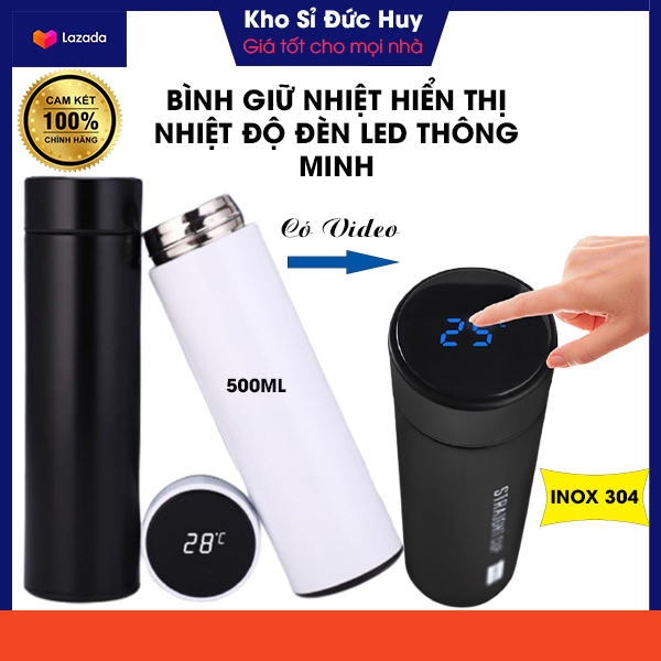 Bình nước giữ nhiệt dung tích 500ml hiển thị nhiệt độ đèn led chống nước thông minh chất inox 304 an toàn giữ nhiệt cực lâu, binh giu nhiet co den led thong minh giu nhiet len den 12h