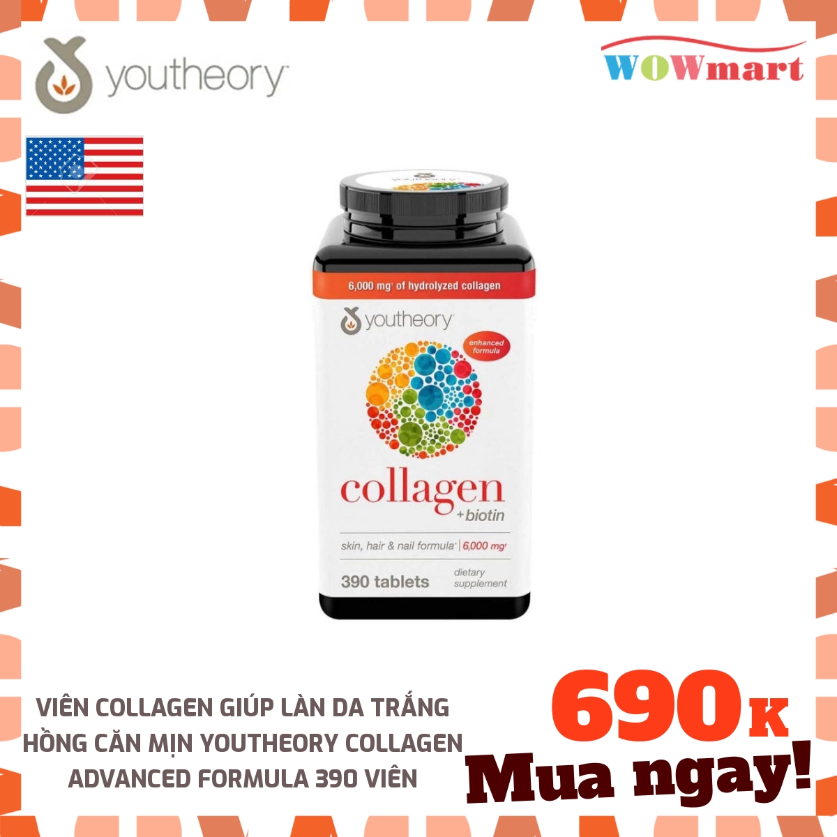 Viên Collagen giúp làn da trắng hồng căn mịn Youtheory Collagen Advanced Formula 390 viên - MỸ