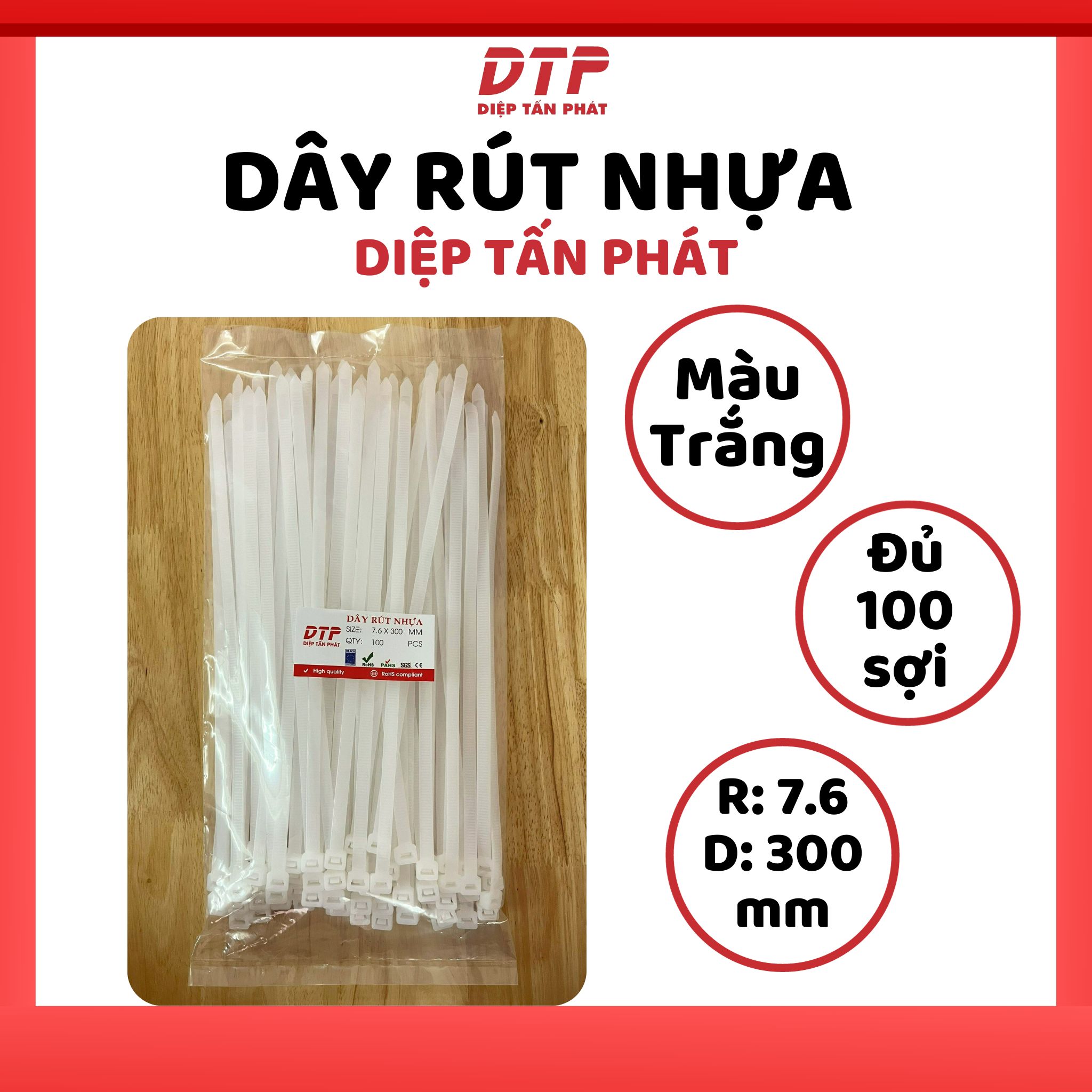 Túi 100 sợi dây rút nhựa diệp tấn phát - 7.6x300mm