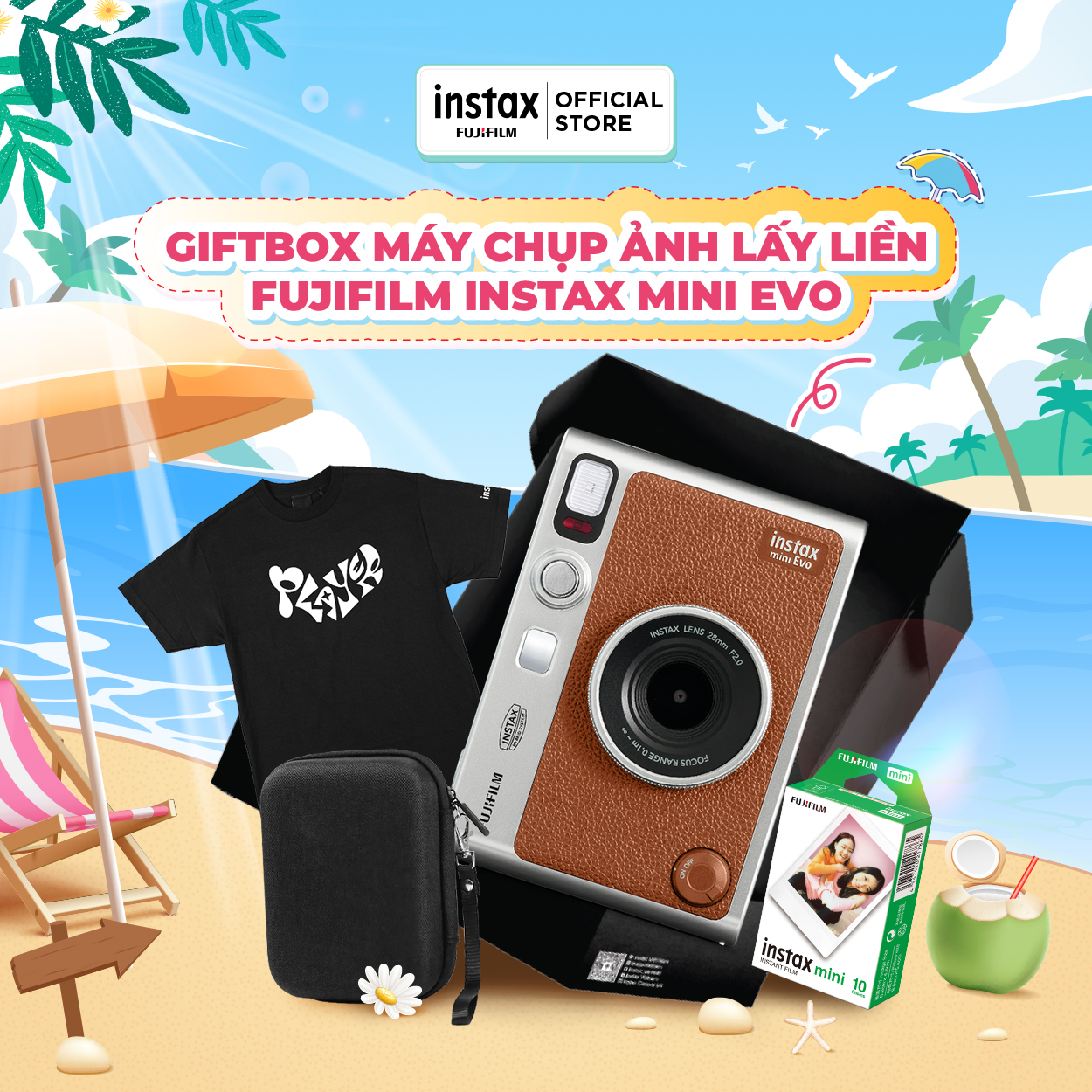 Combo Box Máy Chụp Ảnh Lấy Liền Fujifilm Instax Mini Evo Có Kèm Film - Bảo Hành 1 Năm