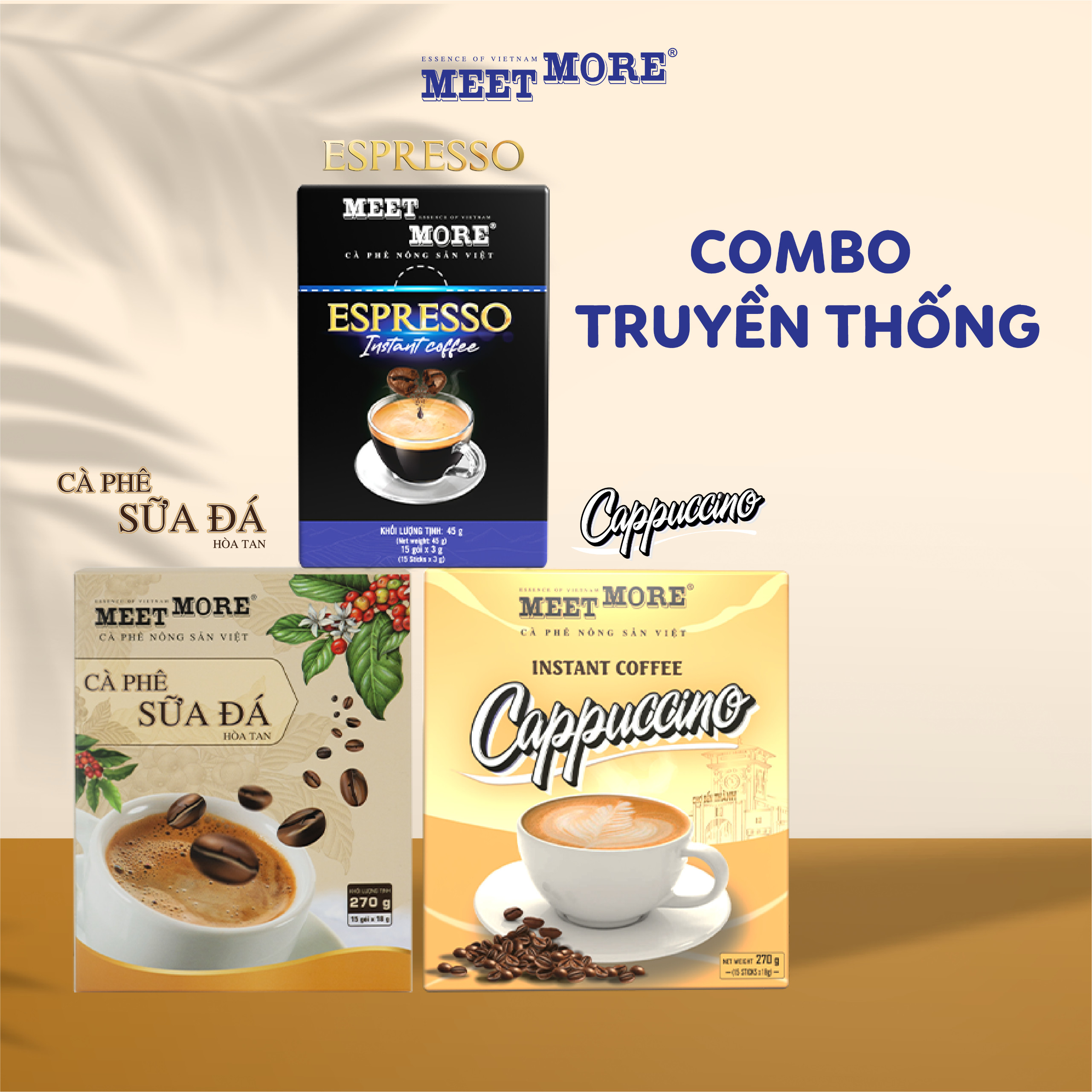 Combo 3 hộp vị cà phê truyền thống Meet More espresso, sữa đá, capuccino
