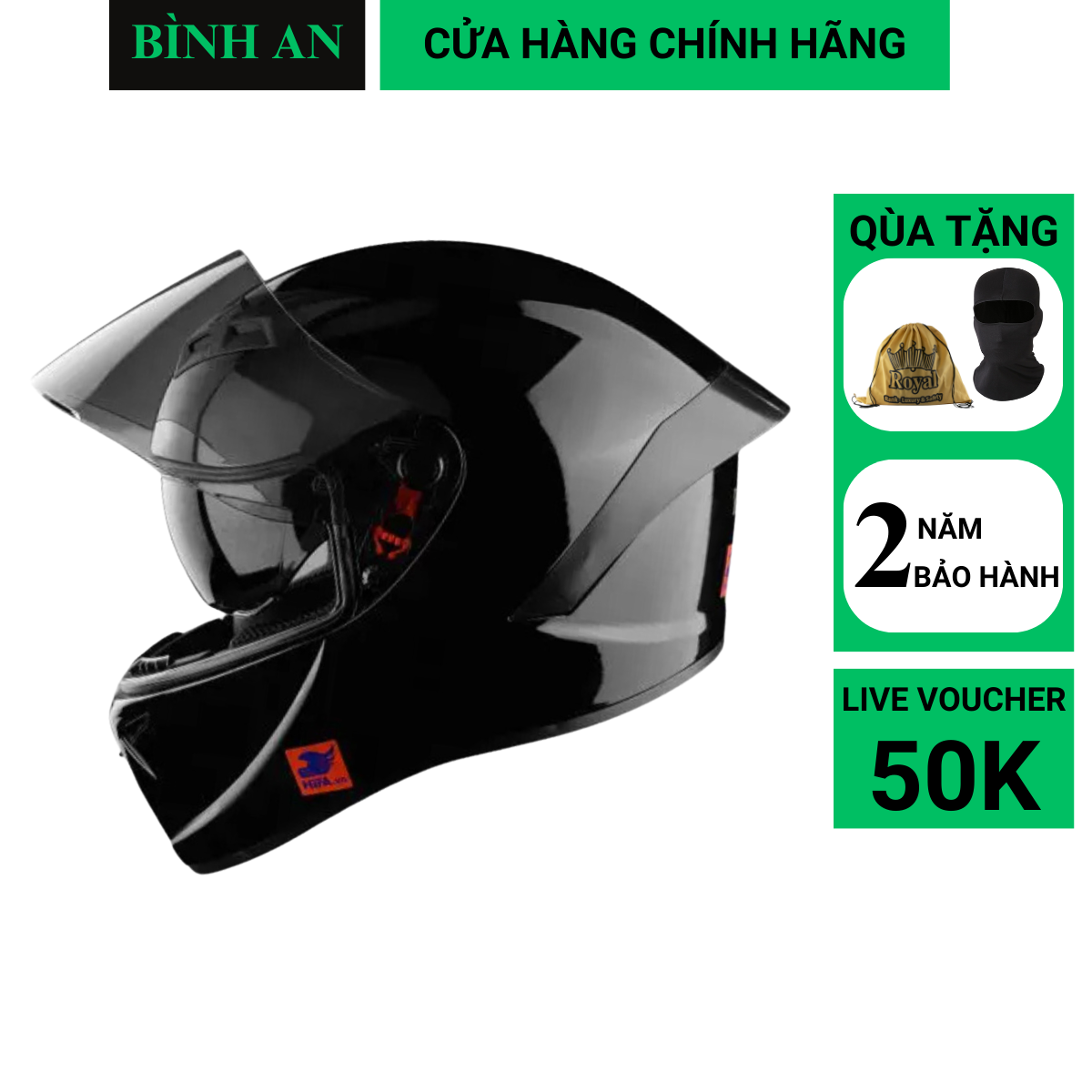 Mũ Bảo Hiểm Fullface ROYAL M266 2 Kính Màu Đen Bóng Chính Hãng ( Tặng Kèm Khăn Trùm + Túi Đựng)