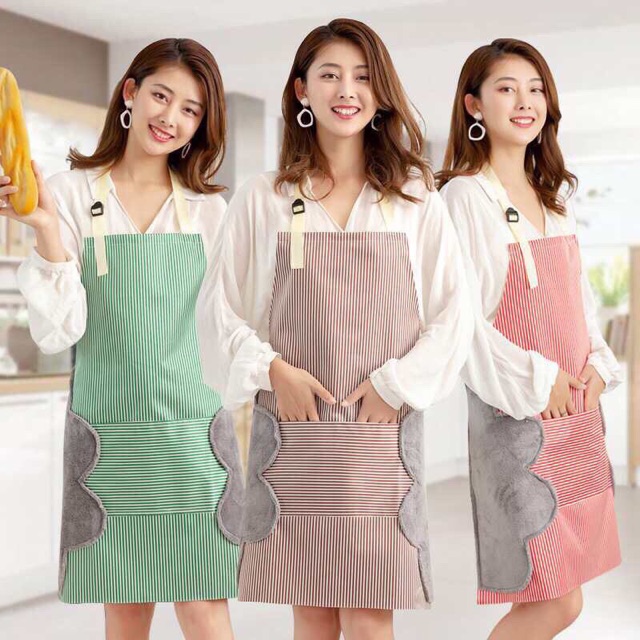 [HCM]Tạp dề chống thấm nước - Tạp dề hình sọc đa năng có túi lớn - Tạp dề nhà bếp có khăn lau tay kèm túi có thể điều chỉnh khóa vải [Rẻ Vô Địch]