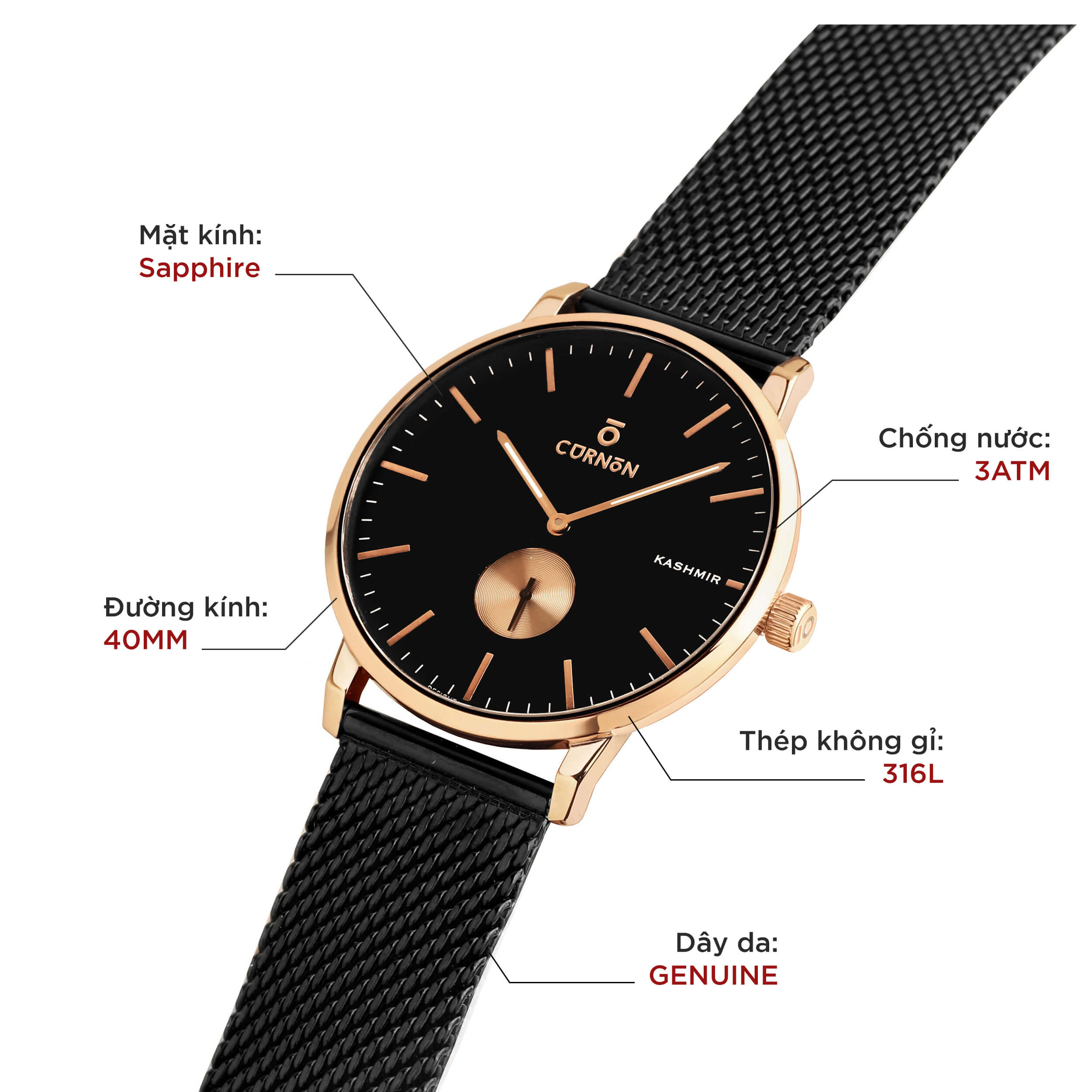 Đồng hồ nam Curnon Kashmir Sharp dây thép cao cấp - Thiết kế 3 kim thời trang - Kính Sapphire, chống nước 3ATM - Hàng chính hãng
