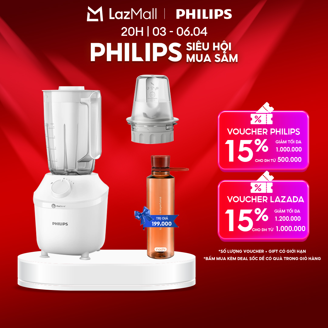 Máy Xay Sinh Tố Philips HR2041/10 450W Lưỡi Dao Xay Sắc Bén Có Thể Nghiền Đá-Xay Nhuyễn Mịn, Không Vón Cục Trong 45 Giây*-Hàng Phân Phối Chính Hãng
