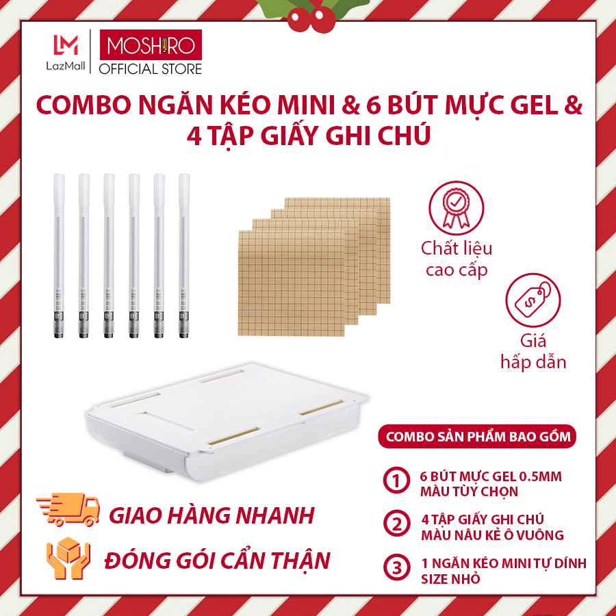 Combo Ngăn kéo mini size nhỏ để dưới bàn + 6 Bút mực gel + 4 tập giấy ghi chú màu nâu kẻ ô vuông Moshiro