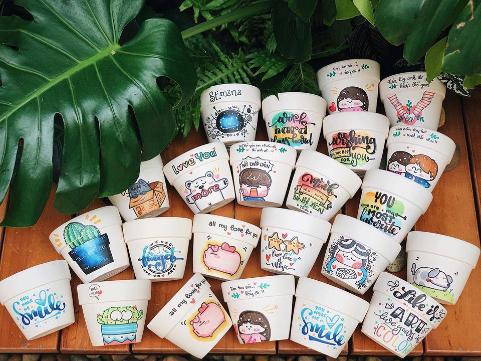 CHẬU VẼ, CHẬU ĐẤT VẼ, QUÀ TẶNG SINH NHẬT, CHẬU CÂY MINI. CHẬU SEN MINI