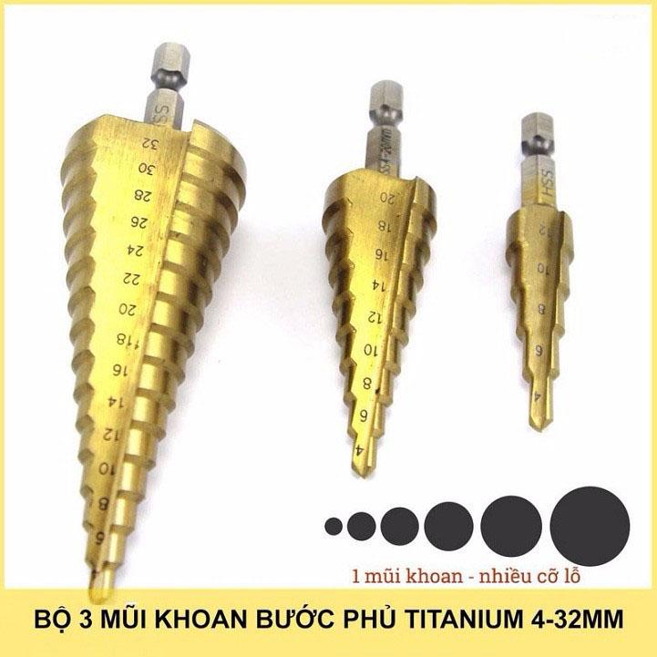 Bộ Mũi Khoan Đa Năng , Bộ Mũi Khoan Mini , Bộ Mũi Khoan Sắt  , Mũi Khoan Lỗ Tròn , Bán Mũi Khoan , Báo Giá Mũi Khoan - Bộ 3 Mũi Khoan Bước Tháp Titanium 4-32Mm,Khoan Sắt,Tôn - 167Vtth -Hàng xịn ,Giá Cực Chất