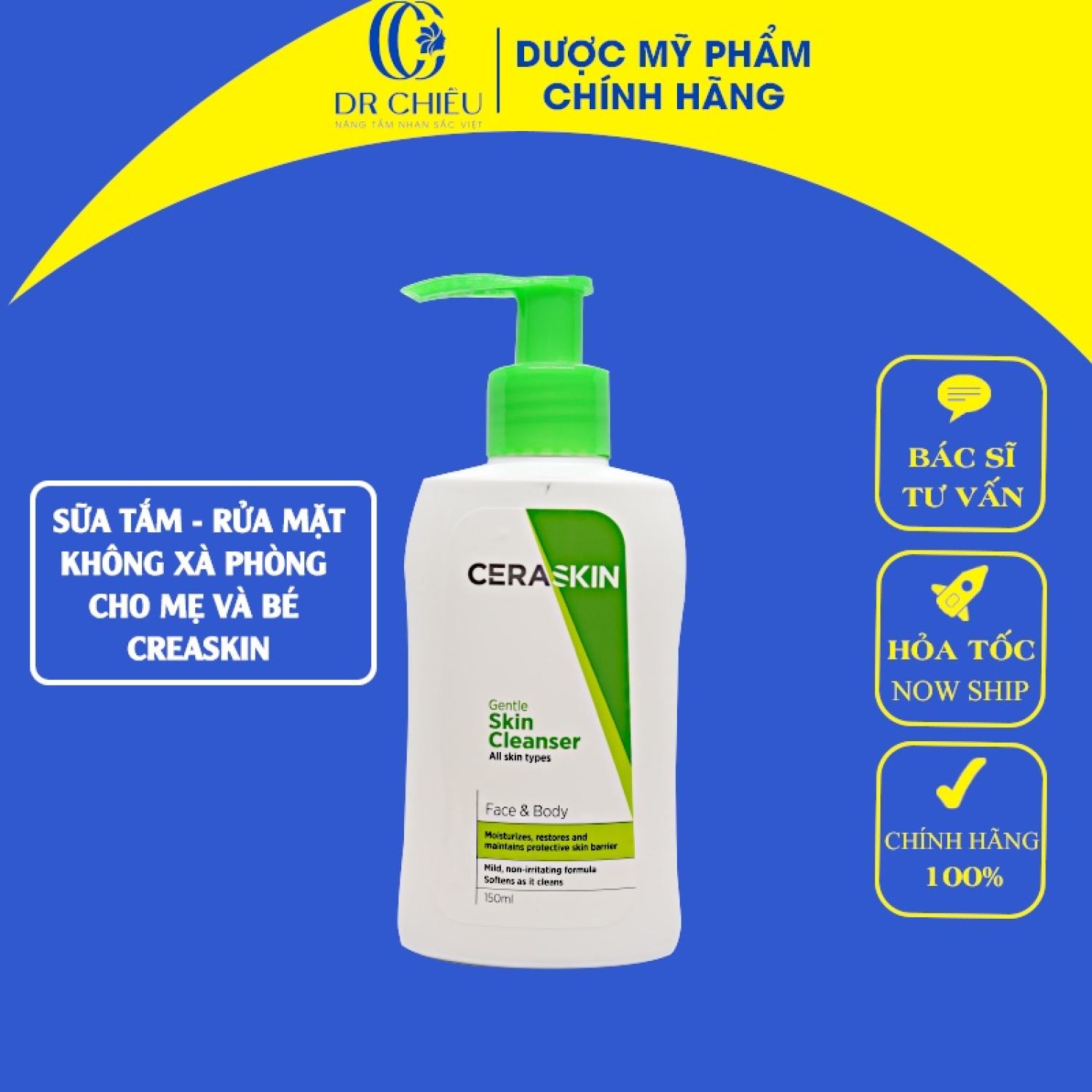 Sữa Tắm, Rửa Mặt Không Xà Phòng CERASKIN GENTLE SKIN CLEANSER - Sữa Tắm, Rửa Mặt Dịu Nhẹ Giữ Ẩm Da C