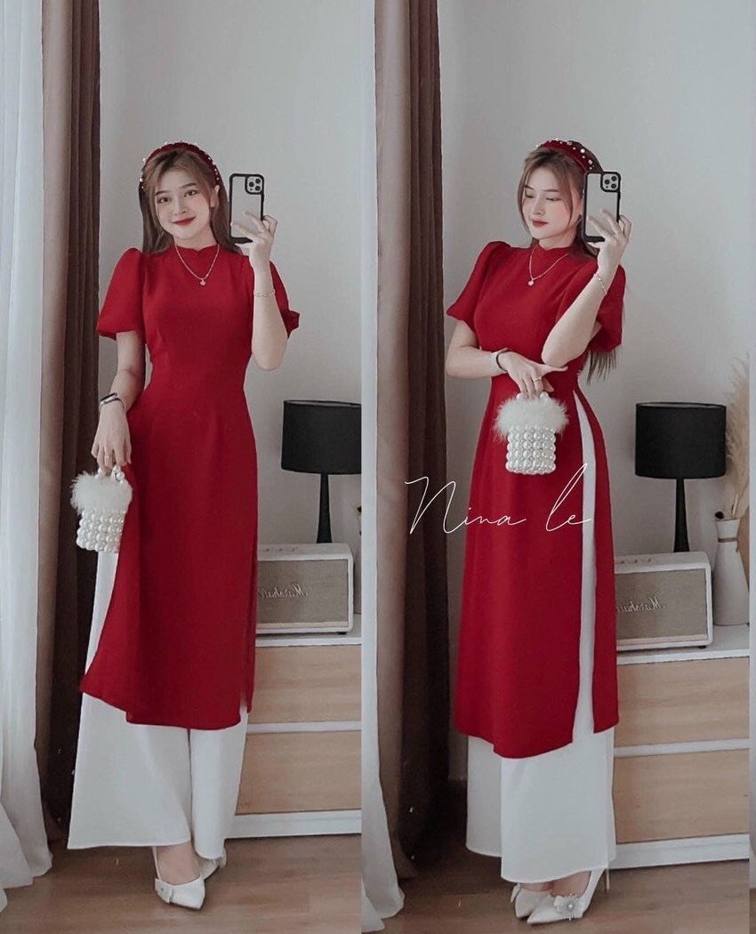 Set áo dài cách tân đỏ mùa tết siêu sang chảnh cực sang