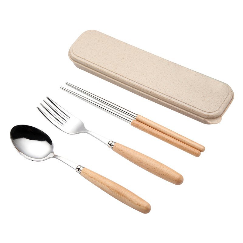 Bộ muỗng đũa nĩa Inox cán gỗ hộp đựng lúa mạch - Bộ đũa thìa inox - Bộ Thìa Dĩa Lúa Mạch Inox Chống Gỉ Cán Gỗ