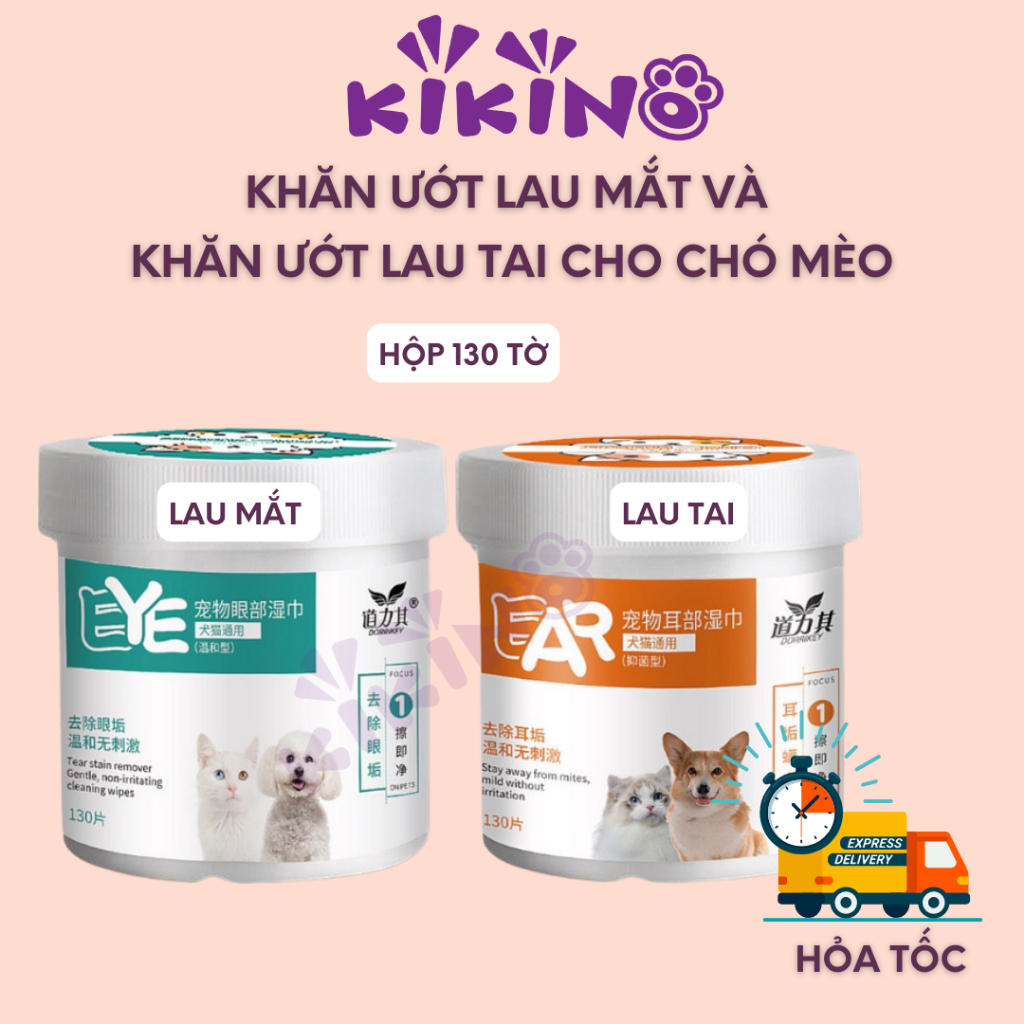 Khăn ướt lau mắt cho chó mèo, khăn ướt lau tai cho chó mèo hộp 130 tờ - kikino