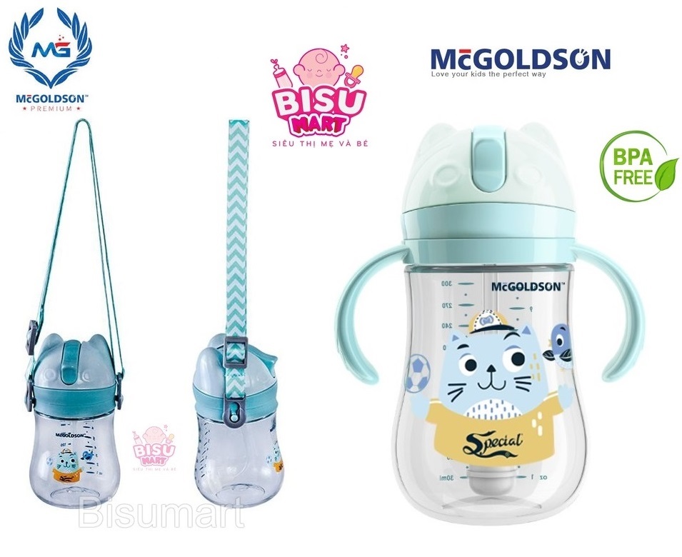Bình Tập Uống nước trẻ em Cao Cấp McGoldson nhựa Tritan 240ml bình ống hút nước cho bé có tay cầm kèm thêm dây đeo