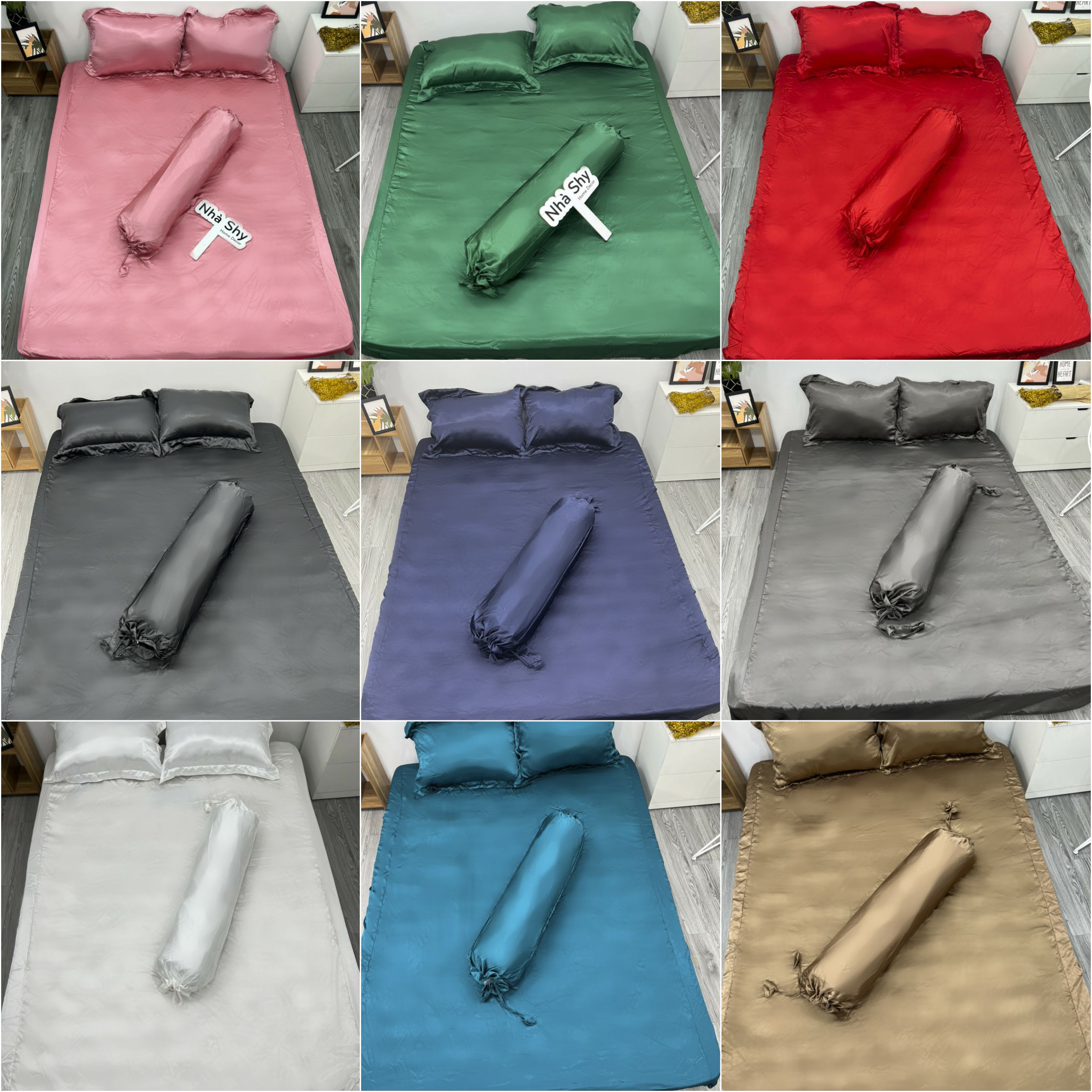 Bộ drap giường phi lụa cao cấp - set gra + 2 vỏ gối nằm + 1 vỏ ôm - 4 món