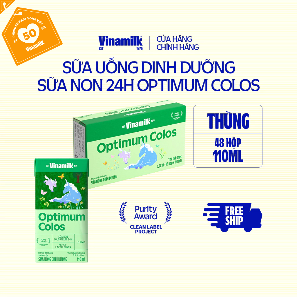 Thùng 48 hộp Sữa non Vinamilk Colos Gold 110ml -Sữa bột pha sẵn, Miễn dịch khỏe, Bé lớn nhanh - Sữa Uống Dinh Dưỡng  Hỗ trợ tăng cân và phát triển chiều cao cho bé (Sữa dành cho trẻ em trên 1 tuổi)