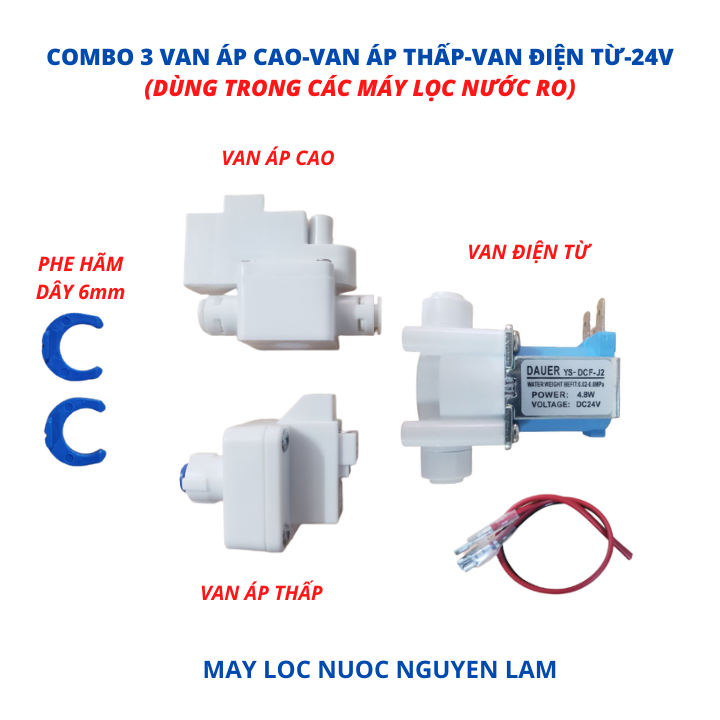 Combo van áp cao/van áp thấp/van điện từ-24v - dùng trong máy lọc nước ro-kết nối dây 6mm