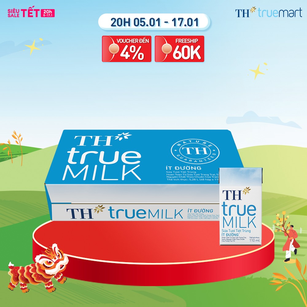 Thùng 48 hộp sữa tươi tiệt trùng TH true MILK ít đường 110 ml (110 ml x 48)