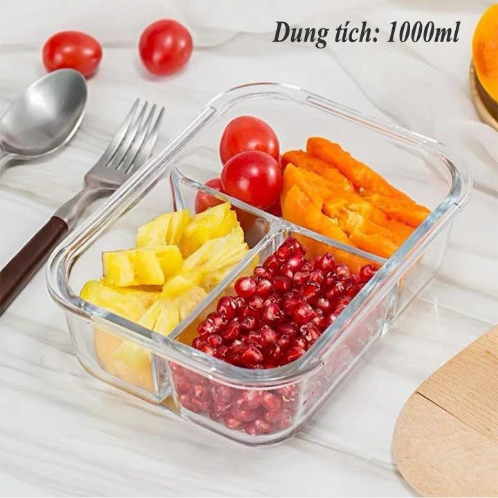 Hộp cơm - hộp thuỷ tinh 3 ngăn 1000ML chịu nhiệt - hộp thủy tinh chịu nhiệt - hủ thủy tinh