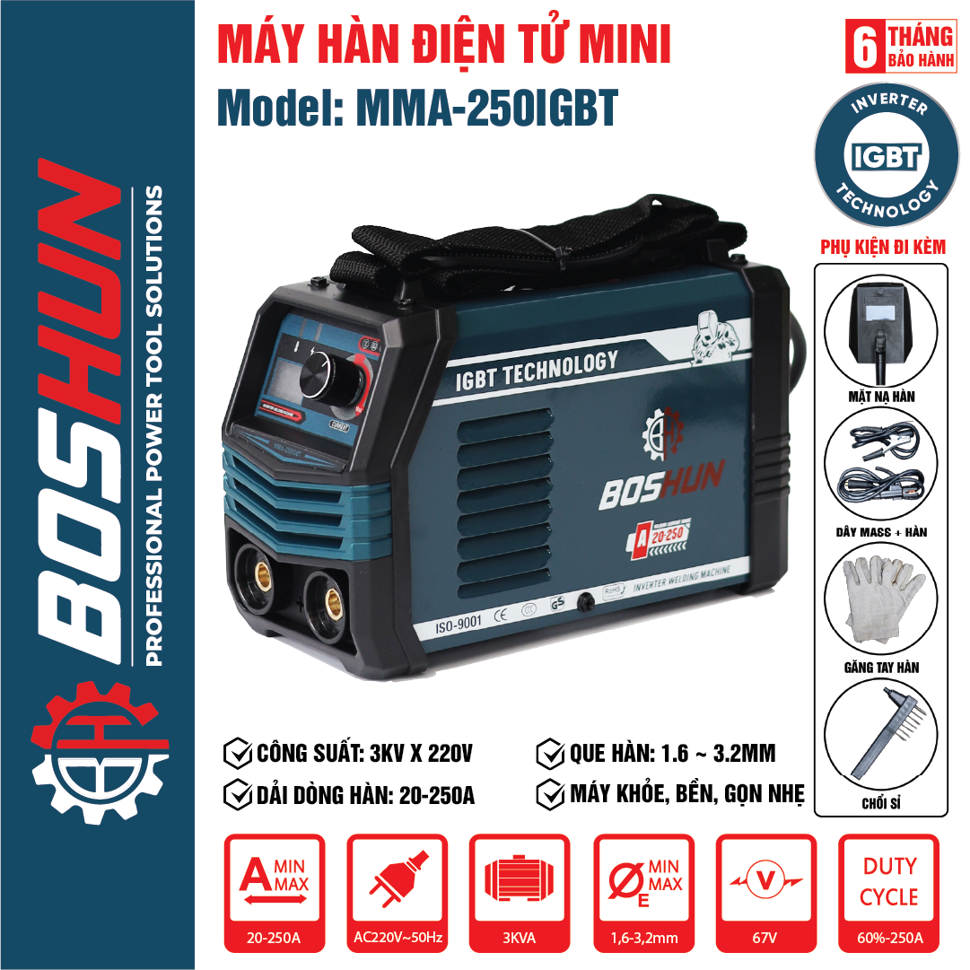 Máy Hàn Điện Tử Mini BOSHUN MMA-250IGBT, INVERTER IGBT, Lõi Đồng, Hàn Que 1.6-3.2MM