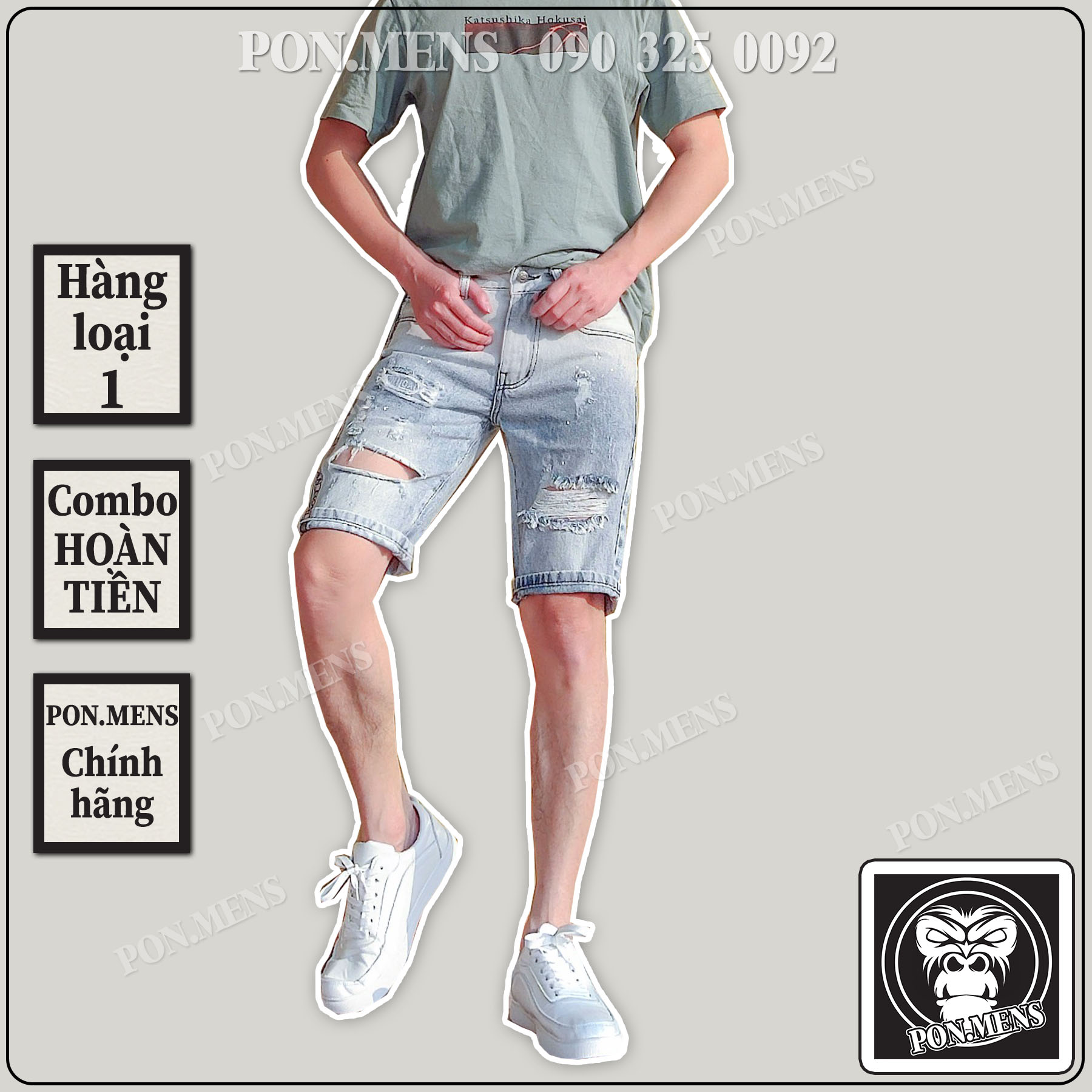 Quần short jean nam rách màu xanh nhạt wash mài đẹp VNXK Pon.mens