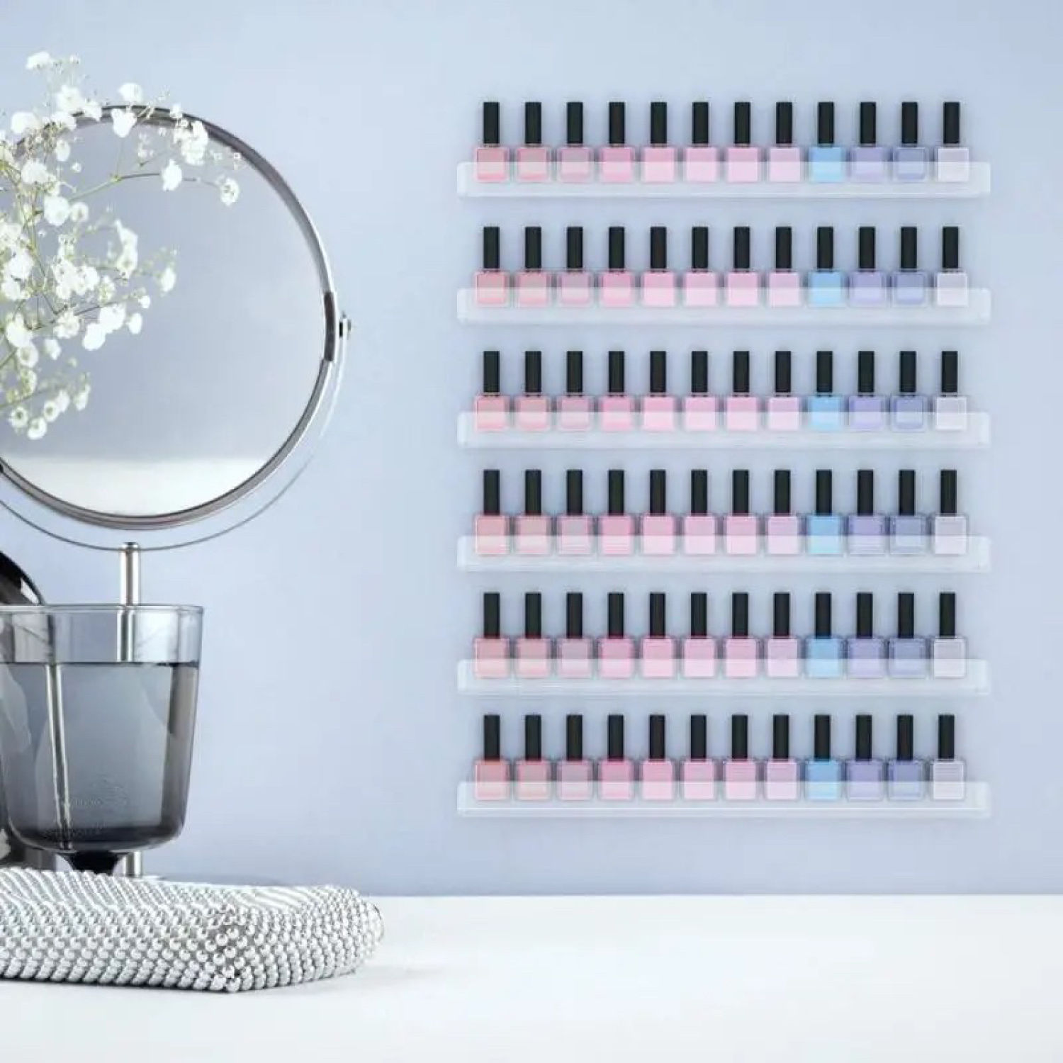 Kệ trưng bày Nail, nước sơn, son, treo tường, kèm miếng dán ốc vít, nhiều màu sắc