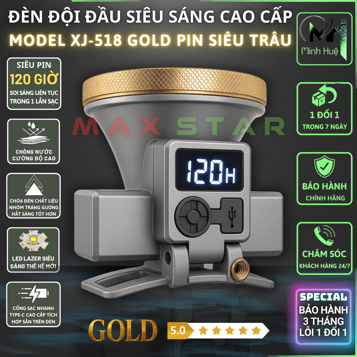 Đèn pin đội đầu XJ518 siêu sáng chất lượng cao chống nước thời gian soi sáng lên tới 120 giờ tối đa cho mỗi lần sạc Sử dụng chân cáp sạc TYPE-C cao cấp tích