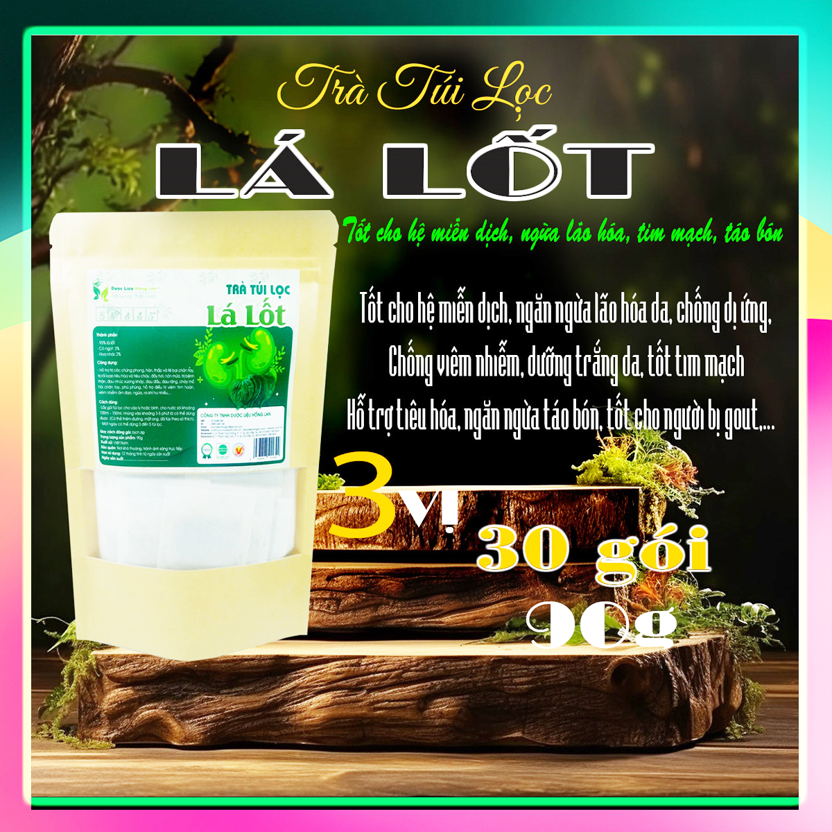 Trà Lá Lốt {Bịch 90g (30 túi lọc x 3g) Trà Dược Liệu Hồng Lan [Hỗ trợ trị bệnh thận, đau nhức xương khớp, đau đầu, trị các chứng phong, hàn, rối loạn tiêu hóa và tiêu chảy,..].