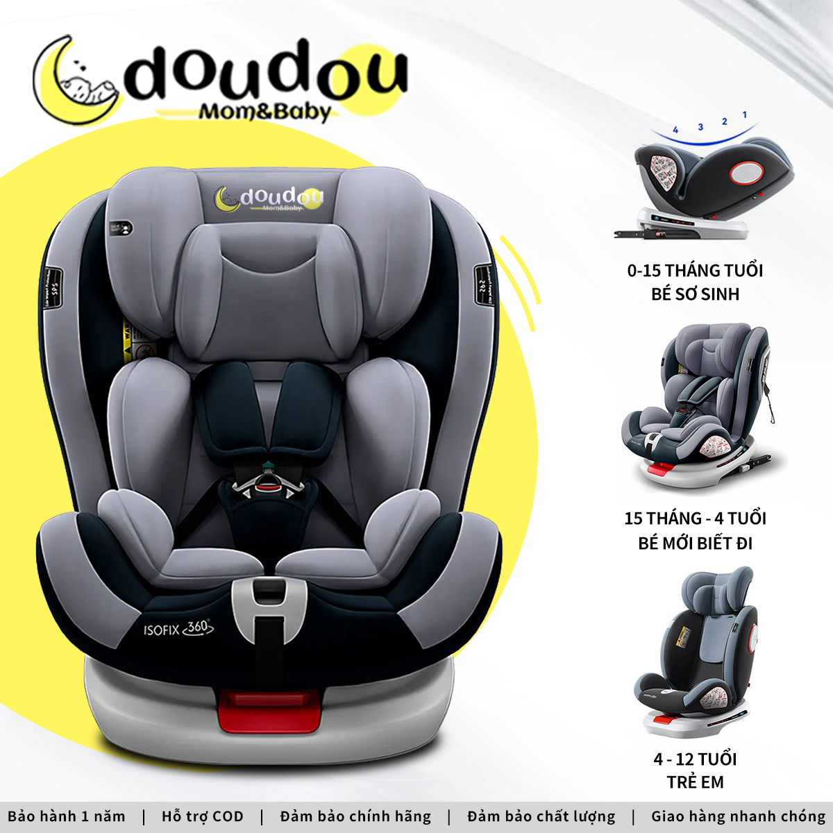 Ghế Ngồi Ô Tô Đa Năng DOUDOU 360 An Toàn Cho Bé 0-12 Tuổi Phù Hợp Từ 9kg - 42kg