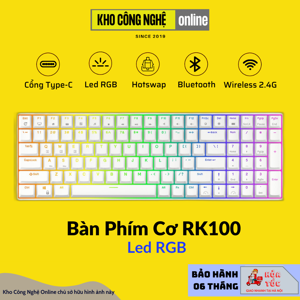 RK100 RGB HOTSWAP - Bàn phím cơ không dây RK100 RGB Có 3 chế độ kết nối Bluetooth 5.0/ Wireless / Type C