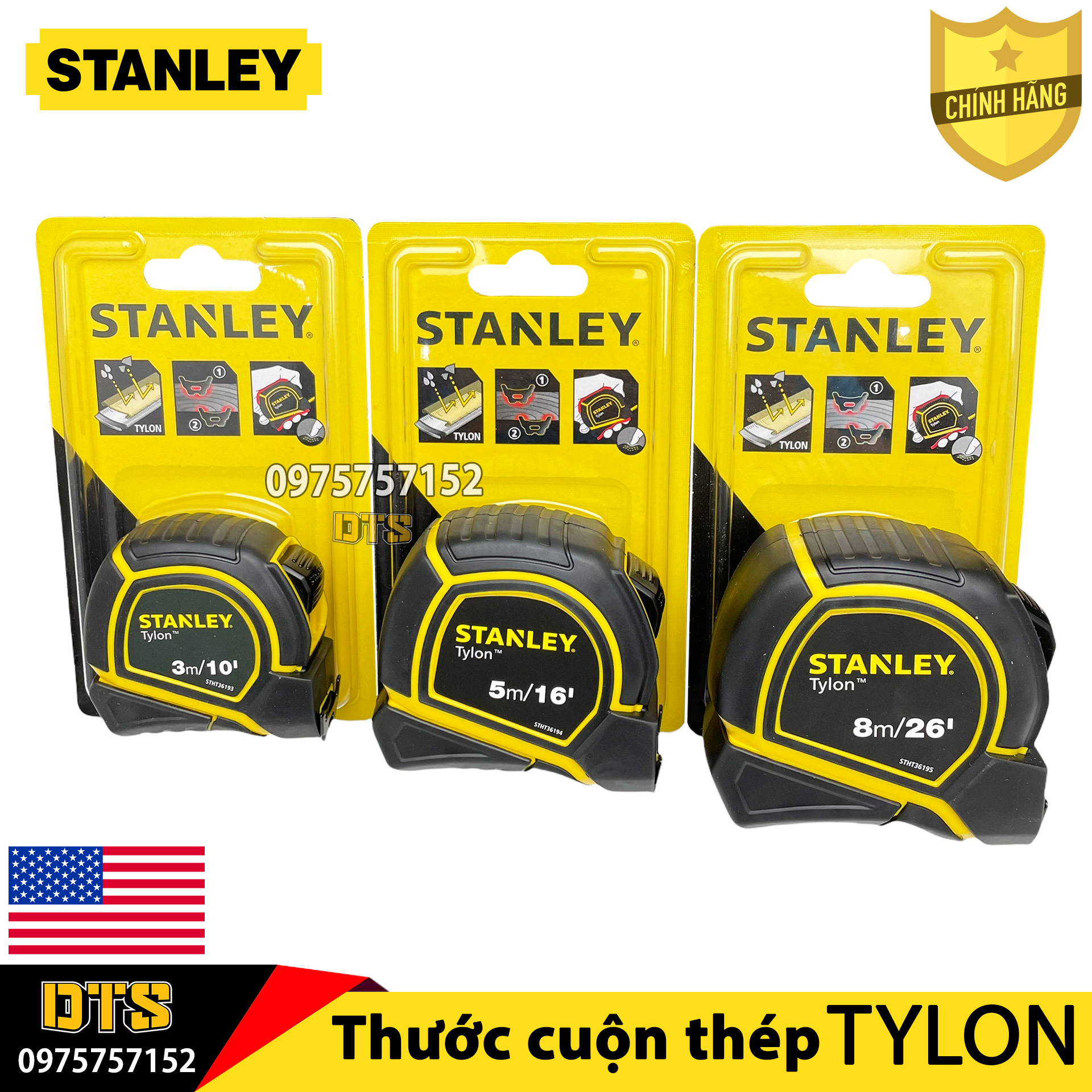Thước cuộn thép TYLON hãng STANLEY Mỹ, thước kéo thép nền vàng lưỡi khắc laser phủ NYLON siêu nét, vỏ bọc cao su ABS chống va đập, vạch chia chính xác tuyệt đối, thước rút thép, thước dây thép, thước mét, thuoc cuon, thuoc keo