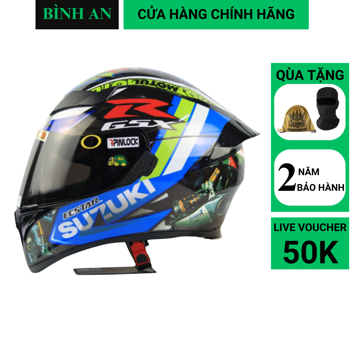 Mũ Bảo Hiểm Fullface ROYAL M138B 1 Kính Lên Tem SUZUKI xanh ( Tặng Kèm Khăn Trùm + Túi Đựng)