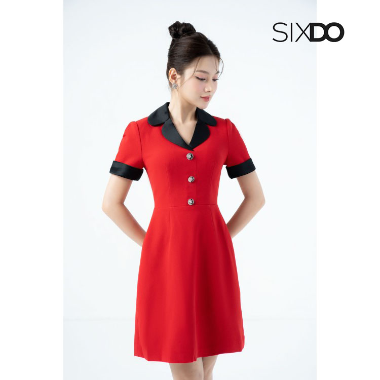 Đầm ngắn tay midi cổ vest phối cúc thời trang SIXDO