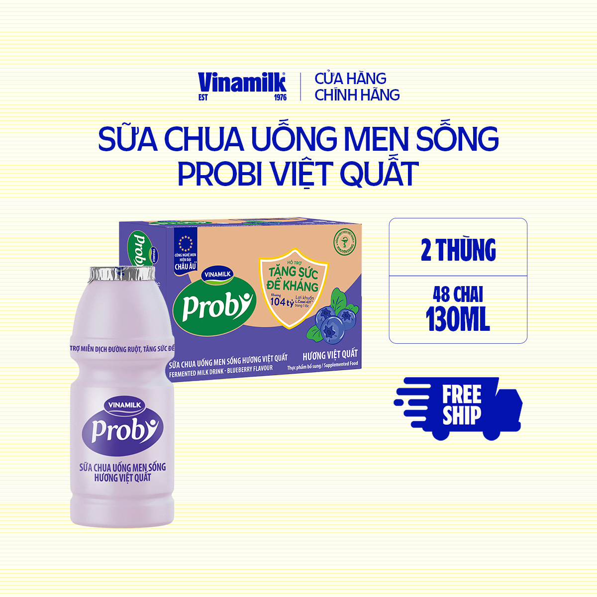 2 Thùng Sữa chua uống Probi Việt Quất chai x 130ml - 24 chai/Thùng Yogurt