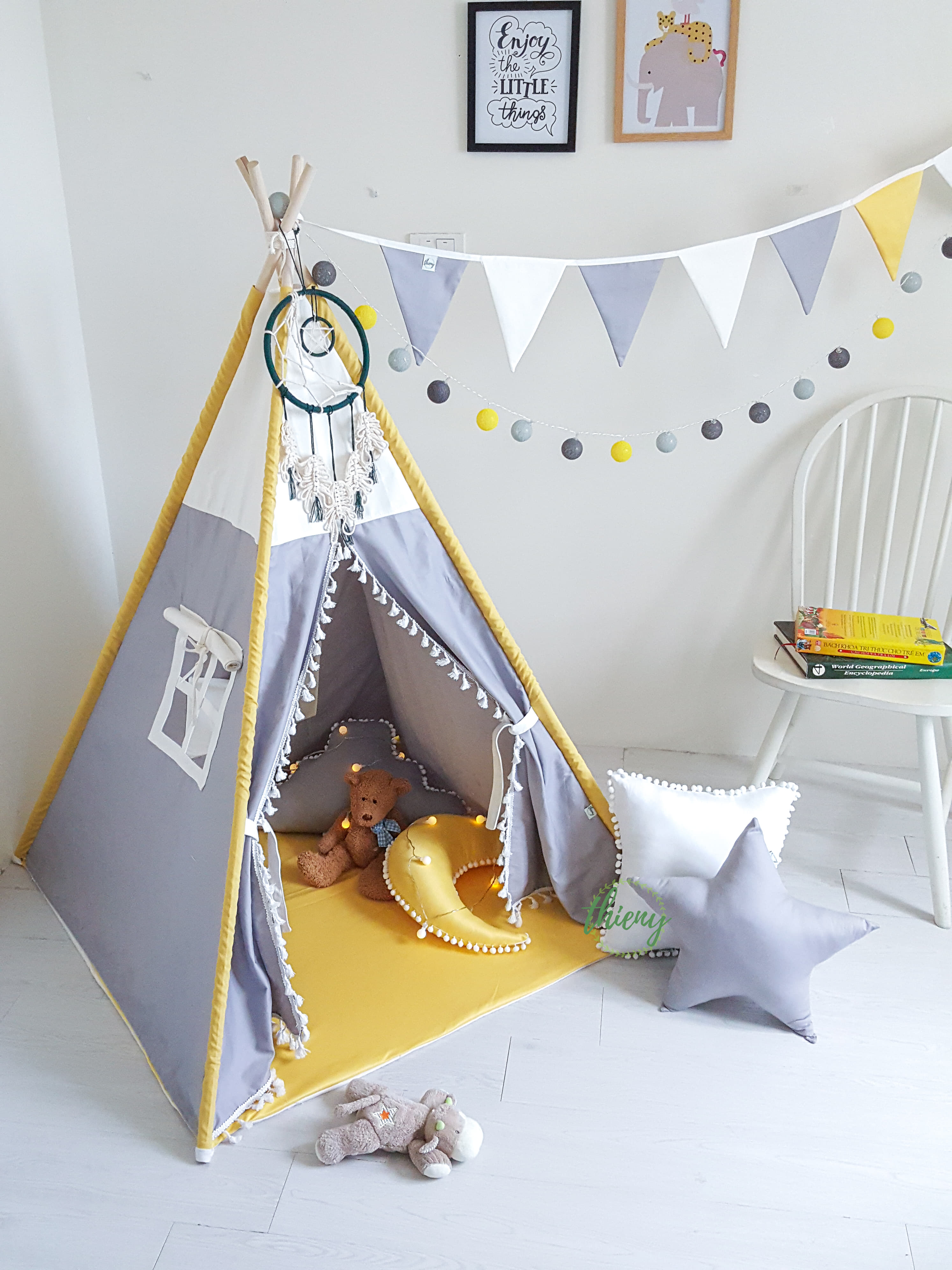 Combo Lều vải cho bé màu xám vàng vải kaki cotton 100% cọc gỗ Lều vải Thiên Ý cao cấp