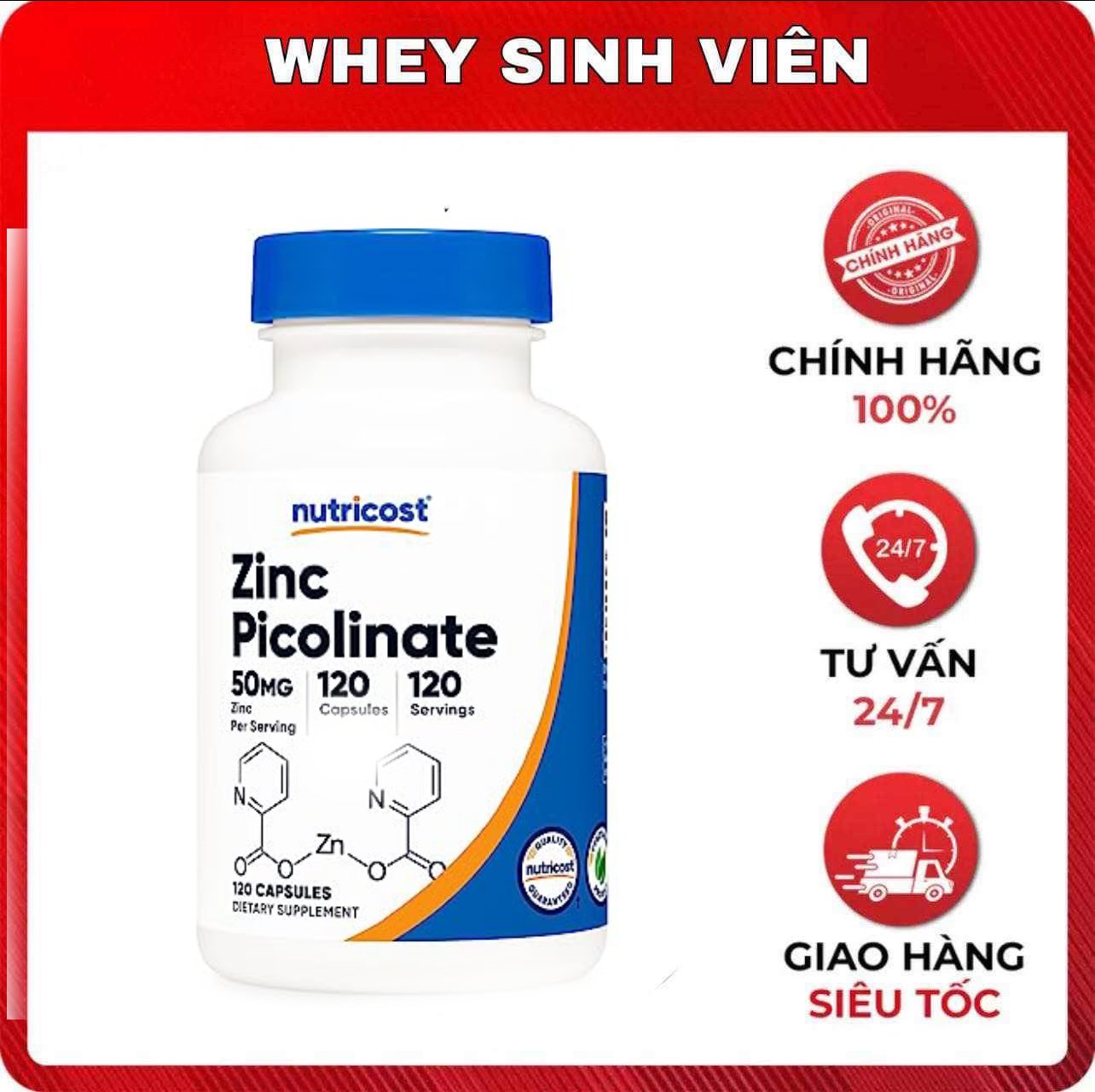 Viên uống kẽm Nutricost Zinc Picolinate 50mg nhập khẩu Mỹ - Gymstore tăng miễn dịch, khả năng nam giới , xây dựng cơ bắp