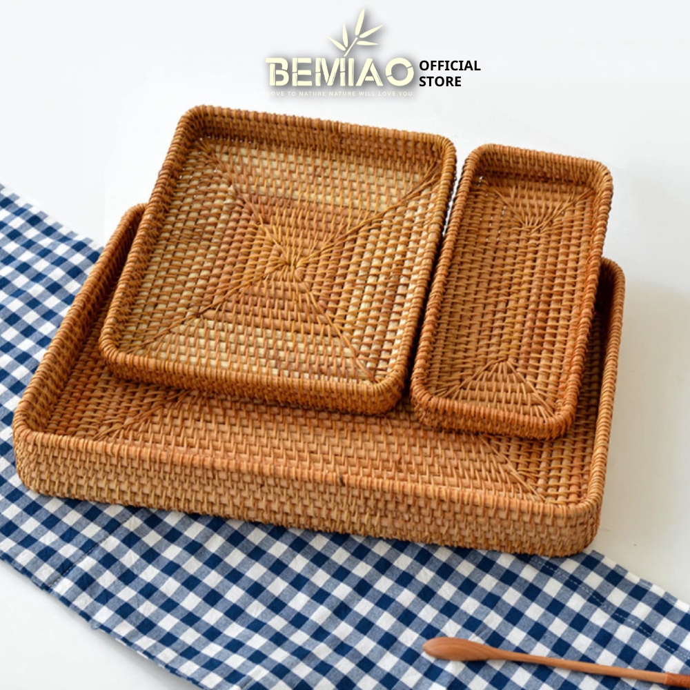 Set 3 khay mây chữ nhật đựng đồ ăn khô, đựng hoa quả Giỏ mây chữ nhật Khay trang trí Khay trà Bemiao