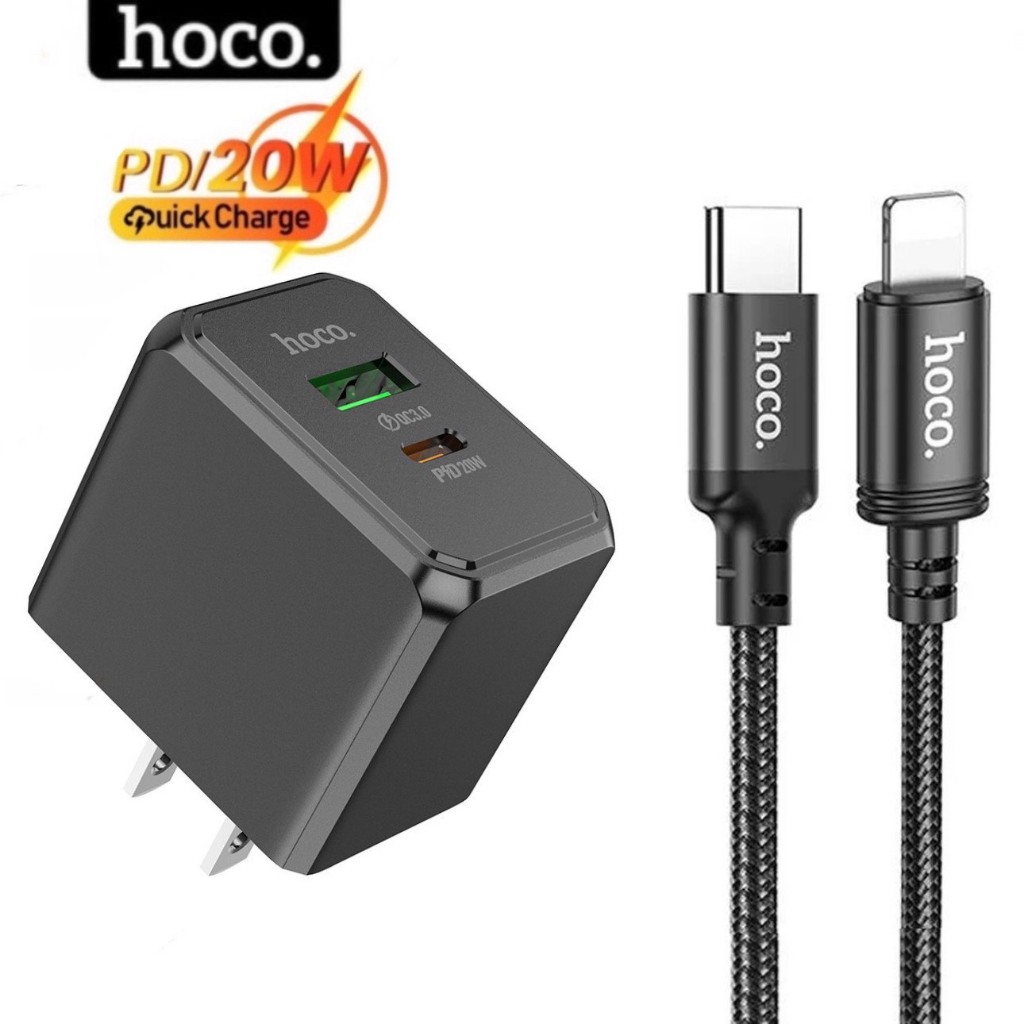 Bộ sạc nhanh 20w iphone hoco củ sạc pd20w 2 cổng usb và type c chống cháy nổ siêu bền dùng cho iphone 14 13 12 11...