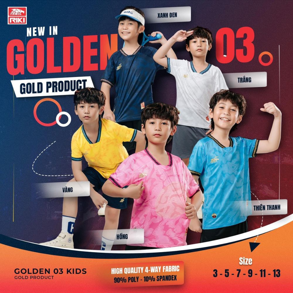 Quần áo bóng đá trẻ em Riki Golden 03 CÓ IN TÊN SỐ