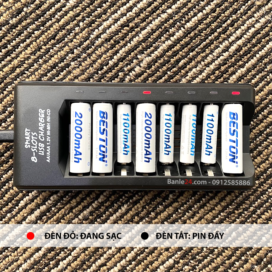 Combo pin sạc tự ngắt loại 8 viên pin AA/AAA mã BH-908U tặng kèm nguồn 5v2A dòng sản phẩm giá mềm