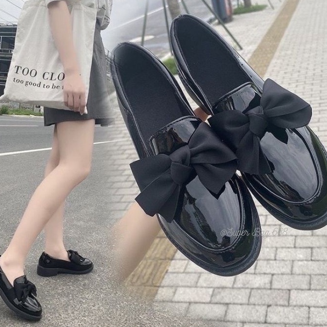 Giày hài nữ đế đốc 3cm - giày nữ 2 màu trơn thắt nơ phong cách hàn quốc