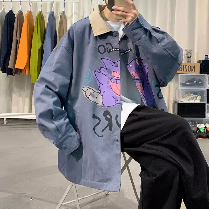 [HCM]Áo Khoác Kaki Unisex Kiểu Sơ Mi Cổ Gấp Form Rộng in Hoạt Hình Siêu Bá Đạo .TP