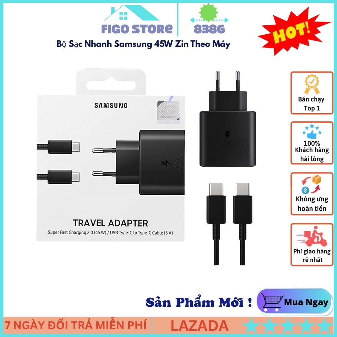 Bộ Sạc Nhanh Samsung 45W Zin Theo Máy Chính Hãng, Cáp zin 5A 2 đầu Type-C sạc siêu nhanh ổn định PIN, không nóng máy ,sử dụng cho điện thoại Samsung Note 10 Note 20 A71, A70,S20, S21, S22, S23