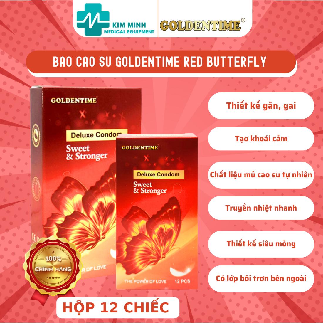 Bao cao su Goldentime Red Butterfly hộp 12 chiếc bao cao su gân gai, size 52mm
