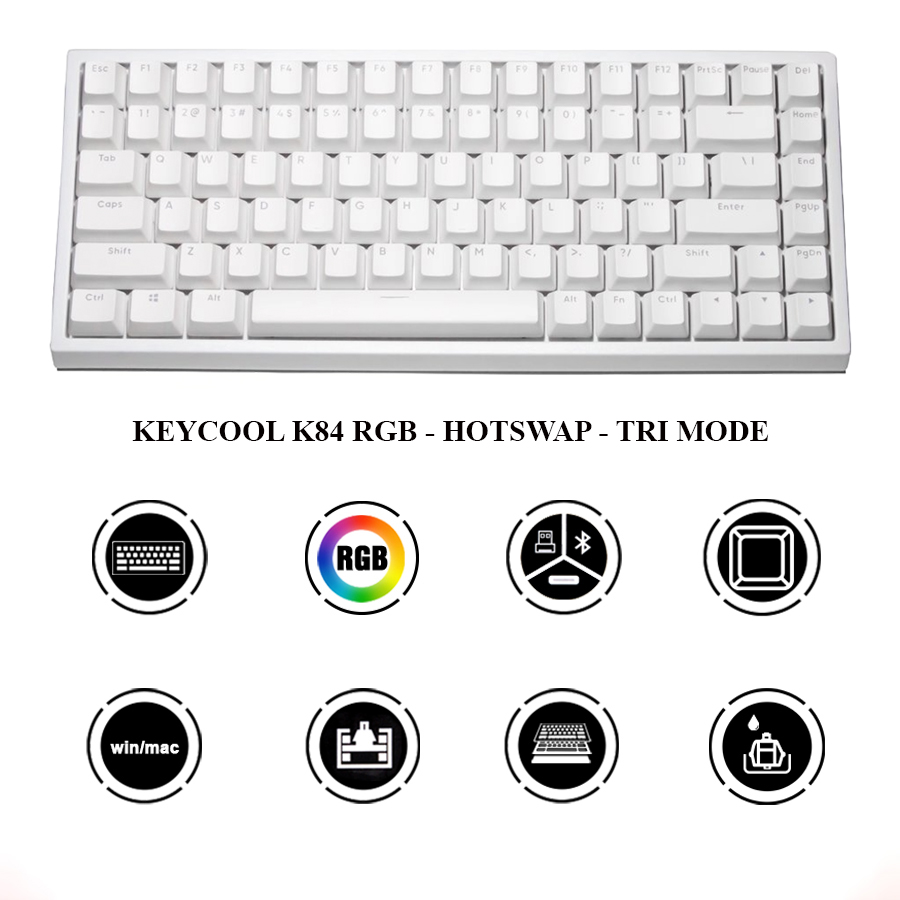 Bàn Phím Cơ Keycool KC84 RGB Hotswap Three-mode Bluetooth 5.0/ 2.4G/ Type-C