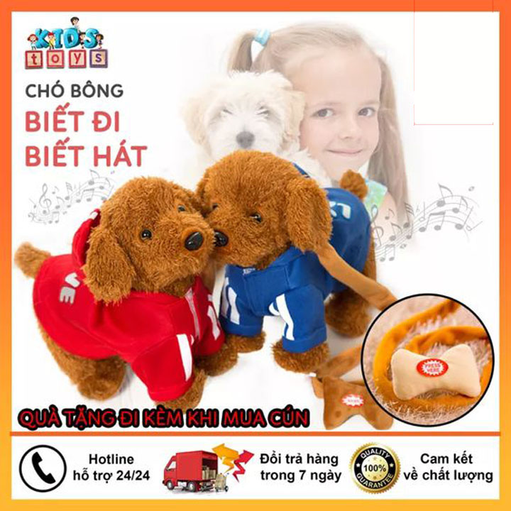 chó cún bông - chó nhồi bông biết đi - biết hát - có dây đeo cổ cho bé dắt 3