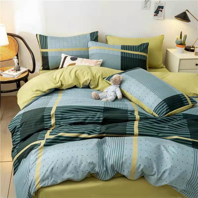 Trọn Bộ 4 Món Chăn Ga Gối Cotton Poly Nhập Mẫu CARO XANH NON Dễ Thương Cho Bé Gái Bạn Gái