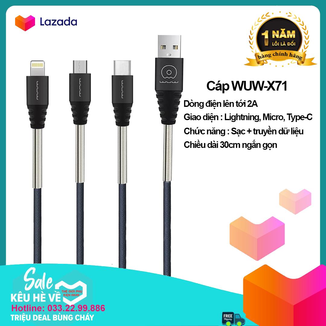 [CÁP NGẮN 30CM] Dây cáp sạc, dây sạc điện thoại, cáp sạc 2A hỗ trợ sạc nhanh hơn, phù hợp cho dòng IOS và Android, Type-C. HÀNG CHÍNH HÃNG. BẢO HÀNH 12 THÁNG WUW-X71