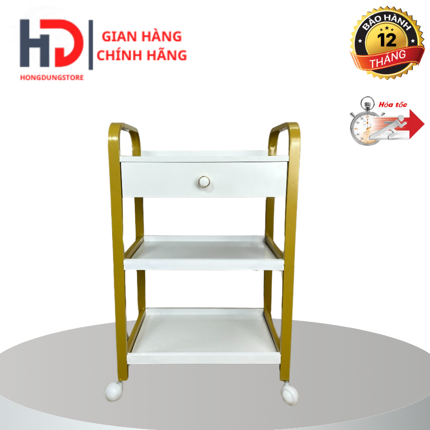 Xe đẩy gỗ 3 tầng khung thép ngăn kéo gỗ, xe đẩy gỗ spa khung mạ vàng chắc chắn, dùng cho spa thẩm mỹ